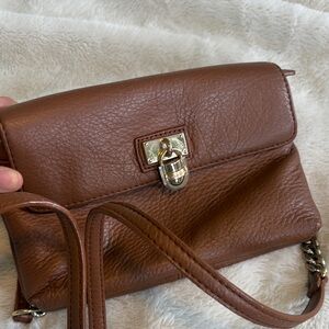 Calvin Klein Saddle Brown Leather Crossbody with Gold Hardware